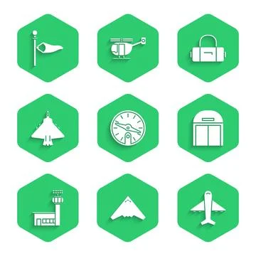 Set Compass, Jet fighter, Plane, Aircraft hangar, Airport control tower Ilustración de archivo
