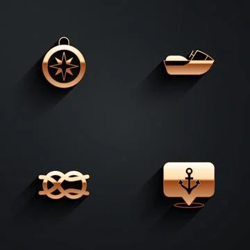 Set Compass, Jet ski, Nautical rope knots and Anchor icon with long shadow Stock Illustration