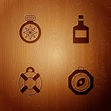 Set Compass, , Lifebuoy and Alcohol drink Rum on wooden background. Vector Stock Illustration