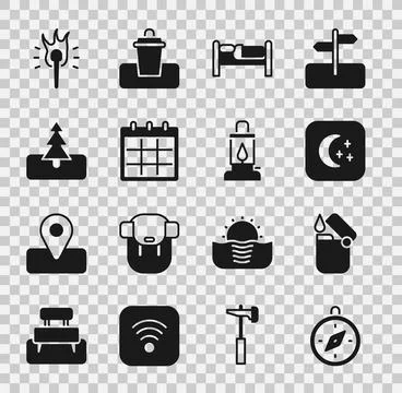 Set Compass, Lighter, Moon and stars, Bed, Calendar, Tree, Torch flame and Ilustración de archivo
