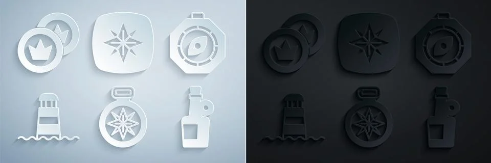 Set Compass, Lighthouse, Alcohol drink Rum, Wind rose and Pirate coin icon Stock Illustration