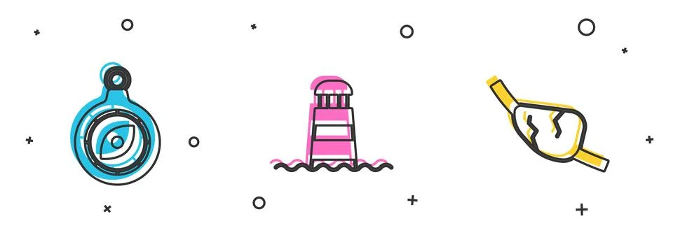 Set Compass, Lighthouse and Pirate eye patch icon. Vector イラスト素材