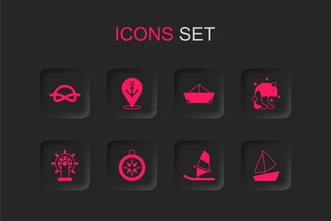 Set Compass, Location with anchor, Nautical rope knots, Windsurfing, Tsunam.. Stock Illustration