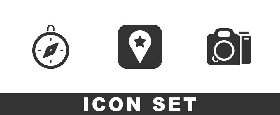 Set Compass, Location for camping and Photo camera icon. Vector Stock Illustration