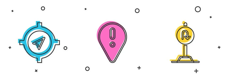 Set Compass, Location with exclamation mark and Turn back road sign icon. V.. Stock Illustration