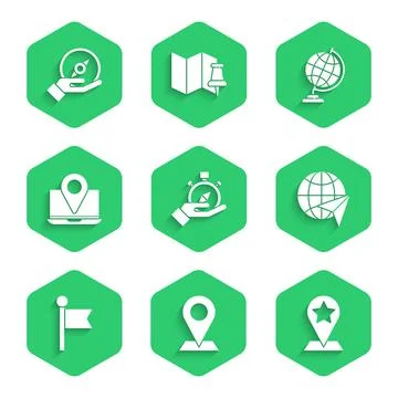Set Compass, Location, Map pointer with star, Globe flying plane, marker, Laptop Stock Illustration