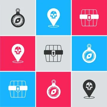 Set Compass, Location pirate and Antique treasure chest icon. Vector Stock Illustration