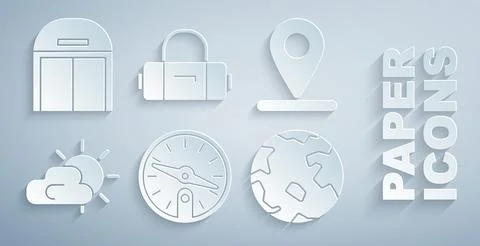 Set Compass, Location, Sun and cloud weather, Worldwide, Suitcase and Aircraft Stockillustratie