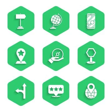 Set Compass, Map pointer with star, Location on the globe, Road traffic sign Stock Illustration