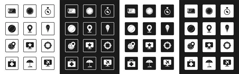 Set Compass, Map pointer with star, Beach ball, Travel ticket, Ice cream waffle 스톡 일러스트