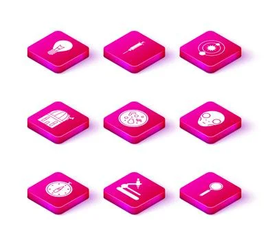 Set Compass, Microscope, Astronomical observatory, Bacteria, Magnifying gla.. Stock Illustration