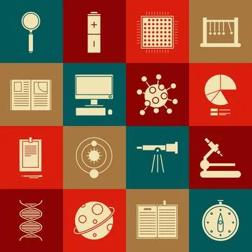 Set Compass, Microscope, Pie chart infographic, Processor, Computer monitor with Illustrazione stock