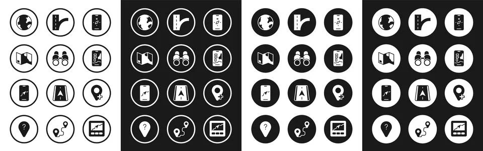 Set Compass on mobile, Binoculars, Folded map, Earth globe, City navigation.. Stock Illustration