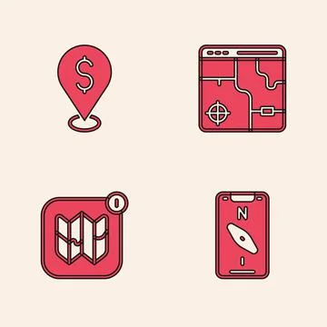 Set Compass on mobile, Cash location, Infographic of city map and icon. Vector Illustrazione stock