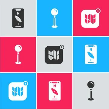 Set Compass on mobile, Push pin and Infographic of city map icon. Vector 스톡 일러스트