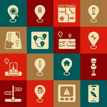 Set Compass on mobile, Push pin, Car service, Infographic of city map, Route Stock Illustration