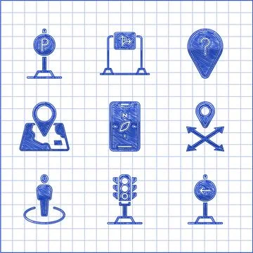 Set Compass on mobile, Traffic light, sign turn left, Location, with person.. Illustrazione stock