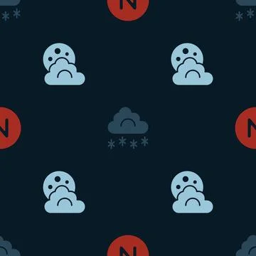 Set Compass north, Cloud with snow and moon on seamless pattern. Vector 스톡 일러스트