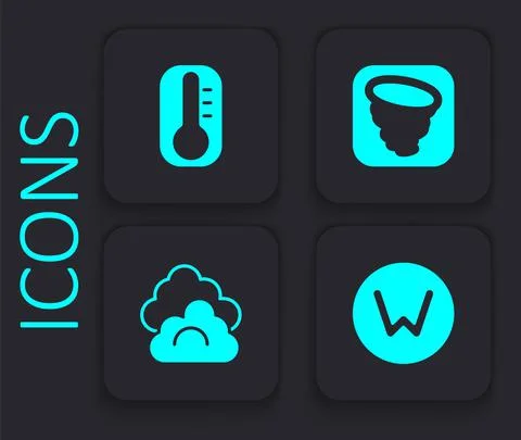 Set Compass north, Thermometer, Tornado and Cloud icon. Black square button Stock Illustration