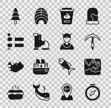 Set Compass, Northern lights, Pickaxe, Yogurt container, Winter warm boot, .. Stock Illustration