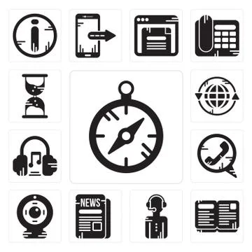 Set of Compass, Open book, News reporter, Newspaper, Webcam, Phone call, Head Illustrazione stock gratuita