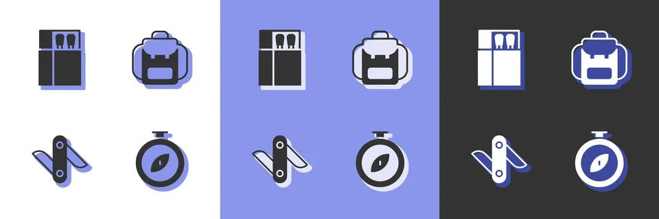 Set Compass, Open matchbox and matches, Swiss army knife and Hiking backpack Stock Illustration