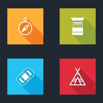 Set Compass, Open matchbox and matches, Rafting boat and Tourist tent icon. V Stock Illustration