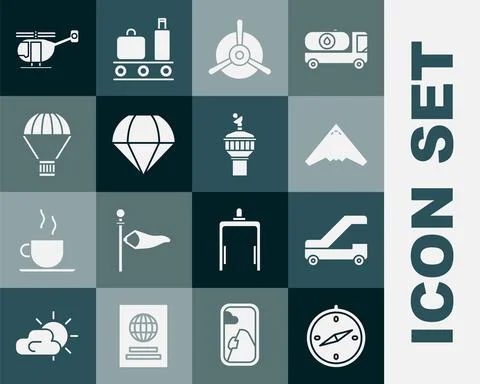 Set Compass, Passenger ladder for plane boarding, Jet fighter, Plane propeller Stock Illustration