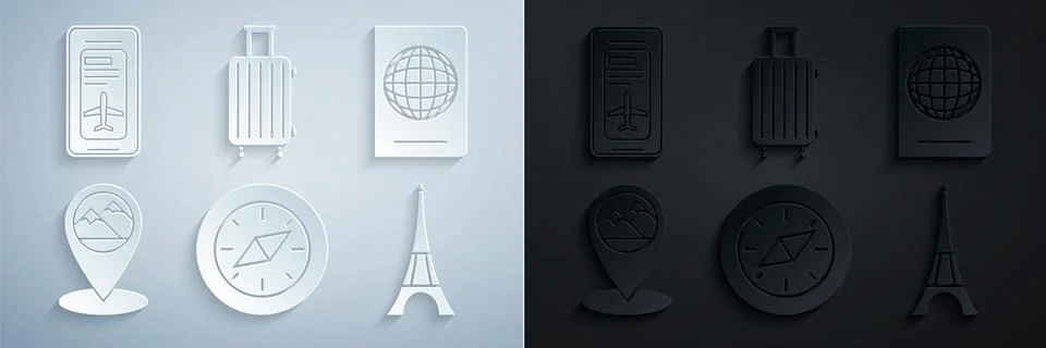Set Compass, Passport with biometric data, Map pointer mountain, Eiffel tower Illustrazione stock