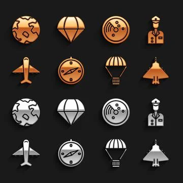 Set Compass, Pilot, Jet fighter, Box flying on parachute, Plane, Radar with Illustrazione stock