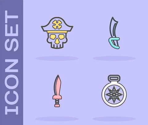 Set Compass, Pirate captain, sword and icon. Vector Stock Illustration