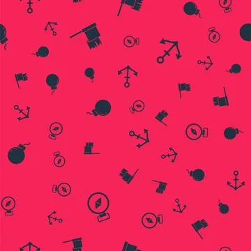 Set Compass, Pirate flag, Bomb ready to explode and Anchor on seamless pattern Stock Illustration