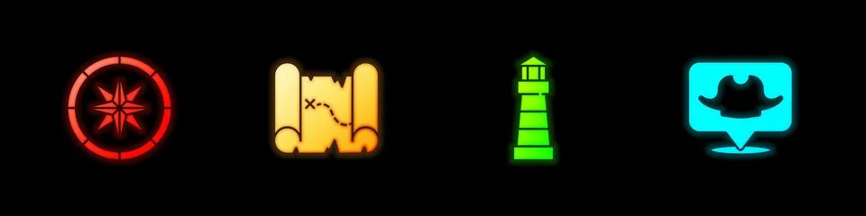Set Compass, Pirate treasure map, Lighthouse and Location pirate icon. Vector Illustrazione stock