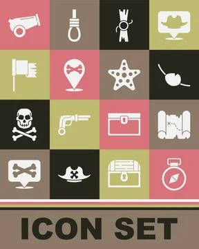 Set Compass, Pirate treasure map, eye patch, Decree, parchment, scroll, Location 스톡 일러스트