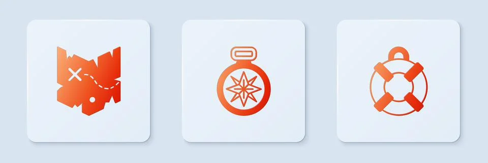 Set Compass, Pirate treasure map and Lifebuoy. White square button. Vector Stock Illustration