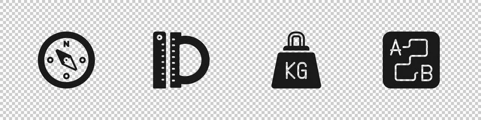 Set Compass, Protractor and ruler, Weight and Route location icon. Vector 库存插图