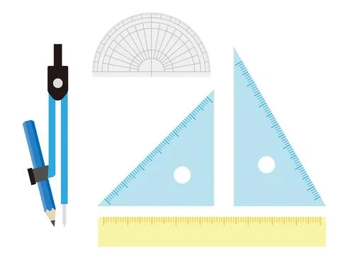 Set of compass, protractor and triangular ruler. Stock Illustration