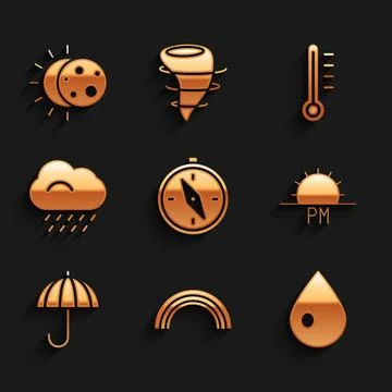 Set Compass, Rainbow, Water drop, Sunset, Umbrella, Cloud with rain, Meteor.. Stock Illustration