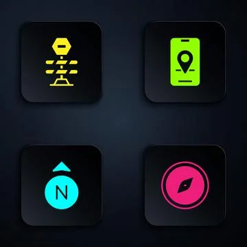 Set Compass, Road barrier,  and City map navigation. Black square button. V.. 스톡 일러스트