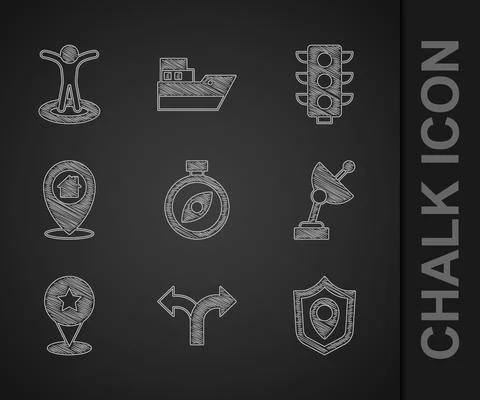 Set Compass, Road traffic sign, Location shield, Radar, Map pointer with star Stock Illustration