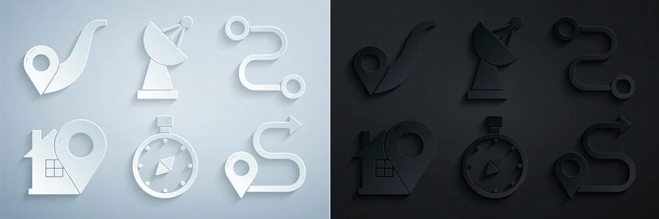Set Compass, Route location, Map pointer with house, Radar and icon. Vector 스톡 일러스트
