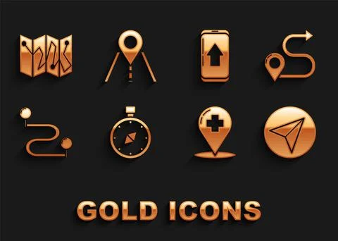 Set Compass, Route location, Paper airplane, Medical map pointer with cross 스톡 일러스트