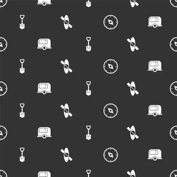 Set Compass, Rv Camping trailer, Shovel and Kayak or canoe on seamless pattern Stock Illustration