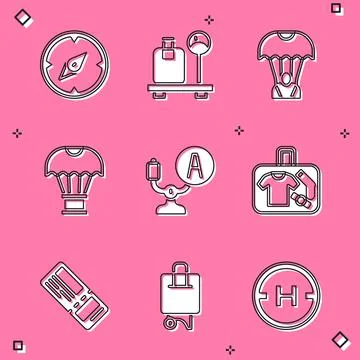 Set Compass, Scale with suitcase, Parachute, Box flying on parachute, Aircraft イラスト素材