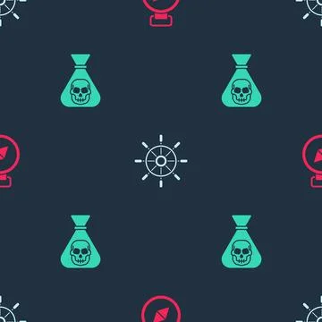 Set Compass, Ship steering wheel and Pirate coin on seamless pattern. Vector Ilustración de archivo