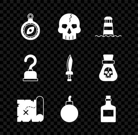 Set Compass, Skull, Lighthouse, Pirate treasure map, Bomb ready to explode 스톡 일러스트