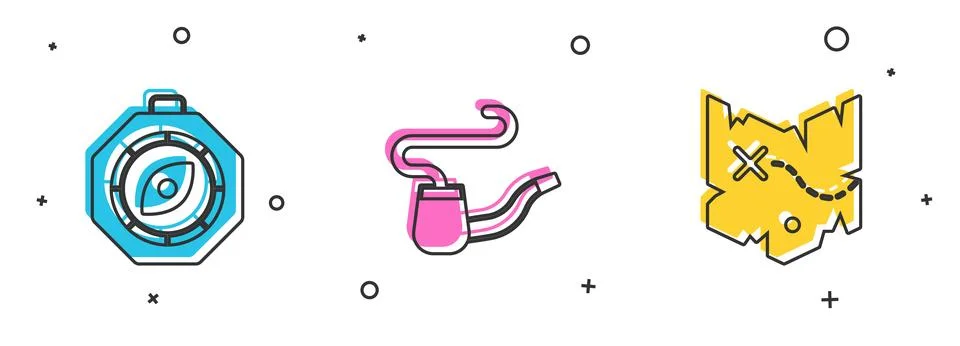 Set Compass, Smoking pipe and Pirate treasure map icon. Vector Stock Illustration