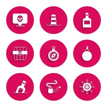 Set Compass, Smoking pipe, Ship steering wheel, Bomb ready to explode, Bottle 스톡 일러스트