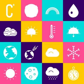 Set Compass, Snowflake, Sunset, Rainbow, Sunrise, Fog and cloud, Celsius an.. Stock Illustration