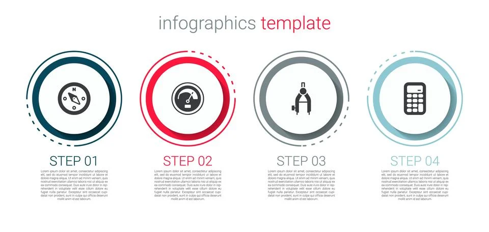 Set Compass, Speedometer, Drawing compass and Calculator. Business infographic Stock Illustration